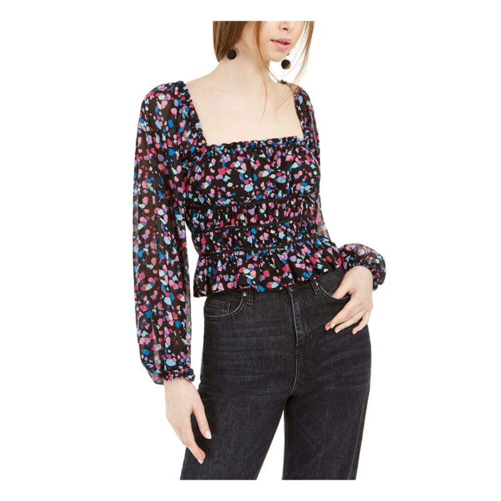 LEYDEN Womens Ruffled Smocked Long Sleeve Square Neck Top